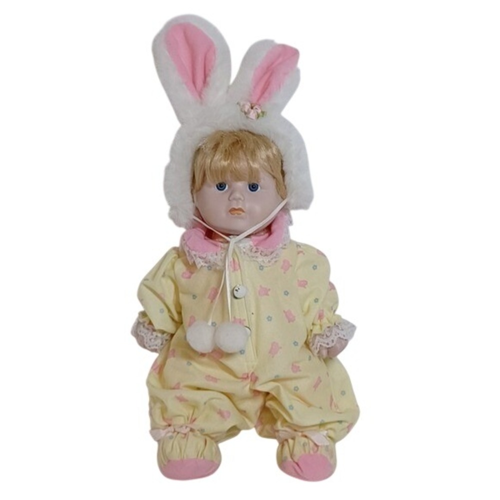 Plush Bunny-Ear Porcelain Baby Doll in Yellow and Pink